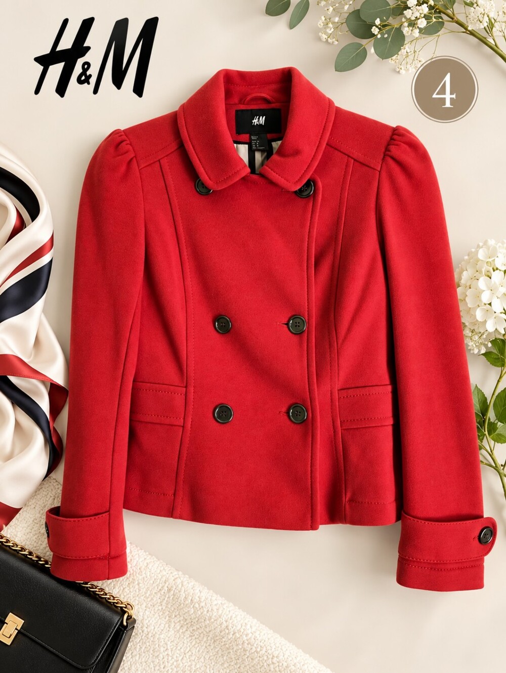 ❤️EUC H&M Vibrant Red Cropped Double  Breasted Jacket, Size 4 Slim Fit